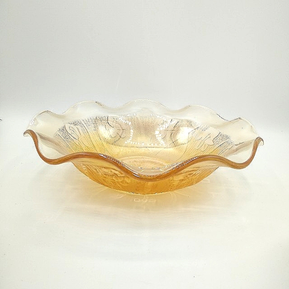 Jeanette Glass Iris Herringbone Iridescent Amber Carnival Glass Ruffled …